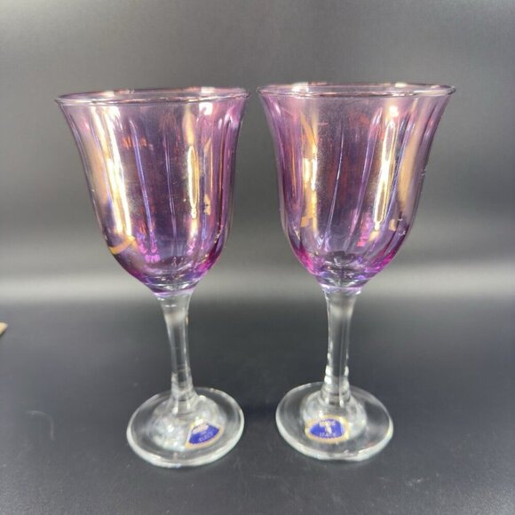 Italian Amethyst Iridescent Glass Goblet Drinking Glasses Cups Made Italy Set 2 - Picture 10 of 14